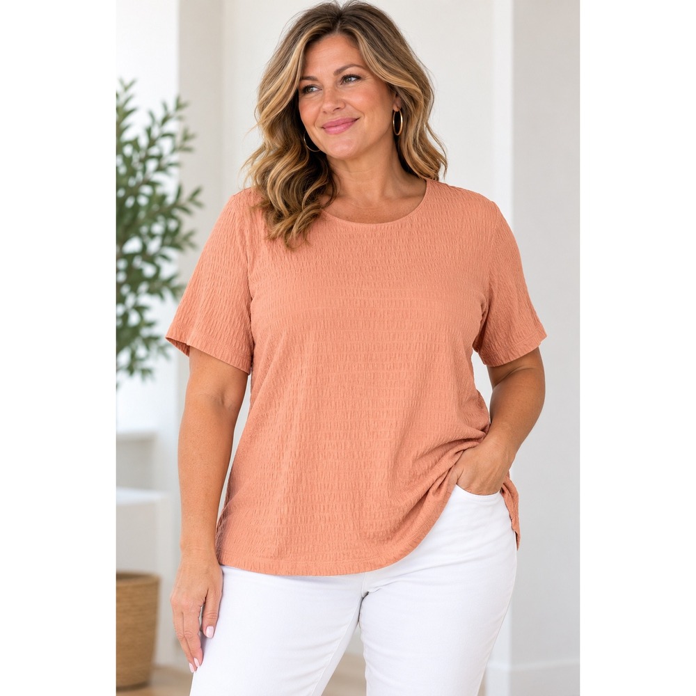 Isaac Mizrahi Live 1X Peach Coral Textured Top Coastal Chic Quiet Luxury Relaxed